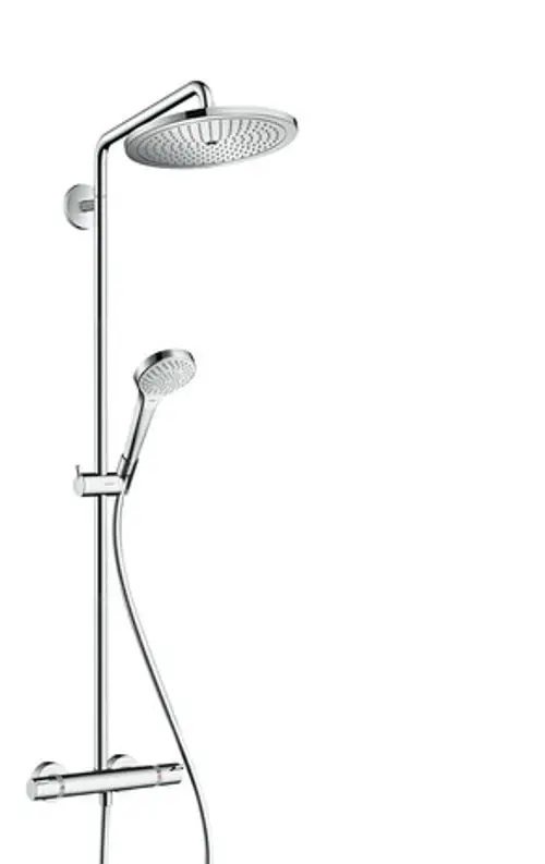 Hansgrohe Duschsystem mit overhead Dusche und Handbrause, verchromte Oberfläche, inklusive Thermostat zum regulieren der Wassertemperatur.